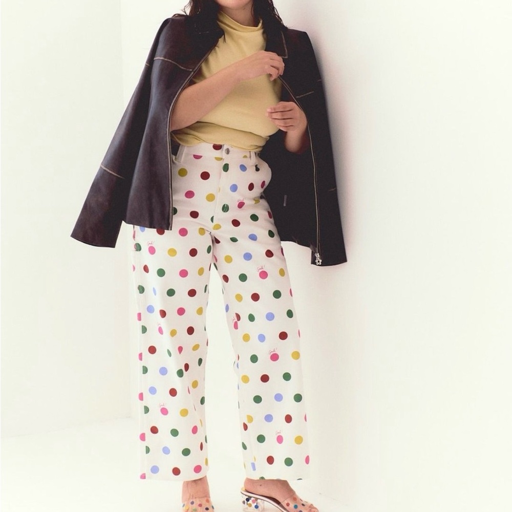 Lisa Says Gah White Wide-Leg Polka Dot Pants